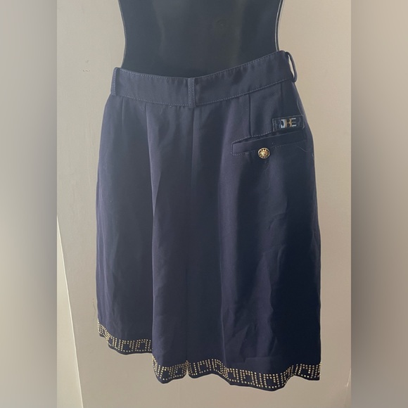 Rober Navy Blue High Waisted Dress Shorts With Gold Beaded Hem - Picture 6 of 10